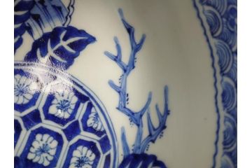  	江戸期　古伊万里　染付　8寸　約24cm　二重角福　花蝶図　波紋　深鉢(八寸、和食器)(R-063059)