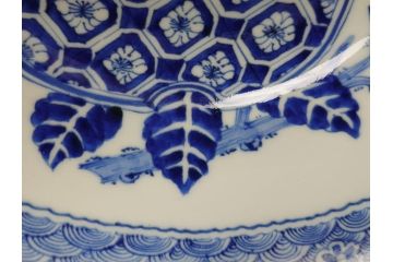  	江戸期　古伊万里　染付　8寸　約24cm　二重角福　花蝶図　波紋　深鉢(八寸、和食器)(R-063059)