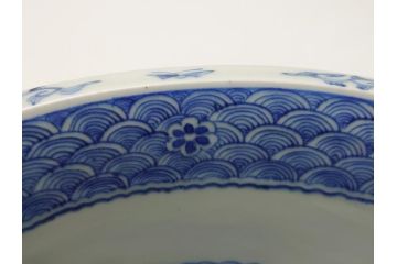  	江戸期　古伊万里　染付　8寸　約24cm　二重角福　花蝶図　波紋　深鉢(八寸、和食器)(R-063059)