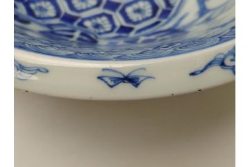  	江戸期　古伊万里　染付　8寸　約24cm　二重角福　花蝶図　波紋　深鉢(八寸、和食器)(R-063059)