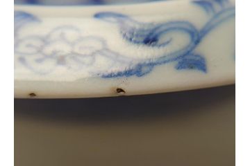  	江戸期　古伊万里　染付　8寸　約24cm　二重角福　花蝶図　波紋　深鉢(八寸、和食器)(R-063059)