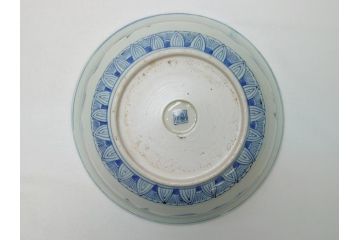  	江戸期　古伊万里　染付　8寸　約24cm　二重角福　花蝶図　波紋　深鉢(八寸、和食器)(R-063059)