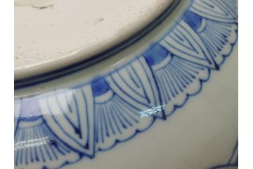  	江戸期　古伊万里　染付　8寸　約24cm　二重角福　花蝶図　波紋　深鉢(八寸、和食器)(R-063059)