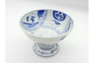 江戸期　太明年製　古伊万里　染付　蝙蝠文　盃洗(杯洗、台鉢、高台皿、和食器、フルーツボウル、コンポート)(R-063071)