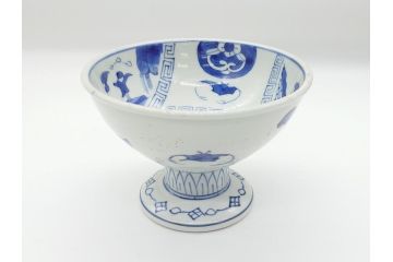 江戸期　太明年製　古伊万里　染付　蝙蝠文　盃洗(杯洗、台鉢、高台皿、和食器、フルーツボウル、コンポート)(R-063071)
