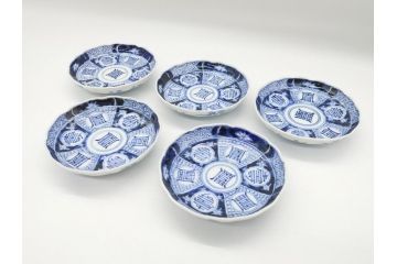 幕末期　伊万里　染付　寿富文　3.8寸皿　約11.4cm　小皿5枚セット(三寸八分、和皿、和食器)(R-063072)