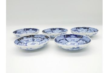 幕末期　伊万里　染付　寿富文　3.8寸皿　約11.4cm　小皿5枚セット(三寸八分、和皿、和食器)(R-063072)