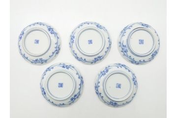 幕末期　伊万里　染付　寿富文　3.8寸皿　約11.4cm　小皿5枚セット(三寸八分、和皿、和食器)(R-063072)