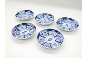 幕末期　伊万里　染付　寿富文　3.8寸皿　約11.4cm　小皿5枚セット(三寸八分、和皿、和食器)(R-063073)