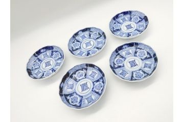 幕末期　伊万里　染付　寿富文　3.8寸皿　約11.4cm　小皿5枚セット(三寸八分、和皿、和食器)(R-063073)