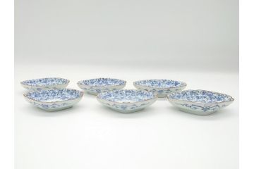 上手物　江戸期　古伊万里　染付　花唐草文　菱形　3.3寸　約10cm　変形皿6枚セット(三寸三分、小皿、和皿、ひし形、五弁花、和食器)(R-063074)