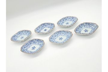 上手物　江戸期　古伊万里　染付　花唐草文　菱形　3.3寸　約10cm　変形皿6枚セット(三寸三分、小皿、和皿、ひし形、五弁花、和食器)(R-063074)