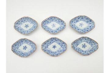 上手物　江戸期　古伊万里　染付　花唐草文　菱形　3.3寸　約10cm　変形皿6枚セット(三寸三分、小皿、和皿、ひし形、五弁花、和食器)(R-063074)