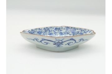 上手物　江戸期　古伊万里　染付　花唐草文　菱形　3.3寸　約10cm　変形皿6枚セット(三寸三分、小皿、和皿、ひし形、五弁花、和食器)(R-063074)