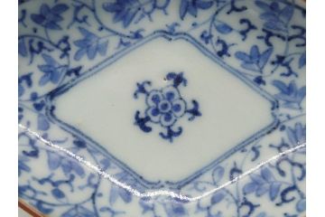 上手物　江戸期　古伊万里　染付　花唐草文　菱形　3.3寸　約10cm　変形皿6枚セット(三寸三分、小皿、和皿、ひし形、五弁花、和食器)(R-063074)