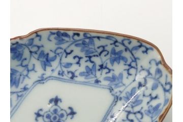 上手物　江戸期　古伊万里　染付　花唐草文　菱形　3.3寸　約10cm　変形皿6枚セット(三寸三分、小皿、和皿、ひし形、五弁花、和食器)(R-063074)