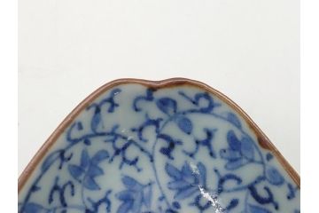 上手物　江戸期　古伊万里　染付　花唐草文　菱形　3.3寸　約10cm　変形皿6枚セット(三寸三分、小皿、和皿、ひし形、五弁花、和食器)(R-063074)