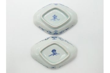 上手物　江戸期　古伊万里　染付　花唐草文　菱形　3.3寸　約10cm　変形皿6枚セット(三寸三分、小皿、和皿、ひし形、五弁花、和食器)(R-063074)