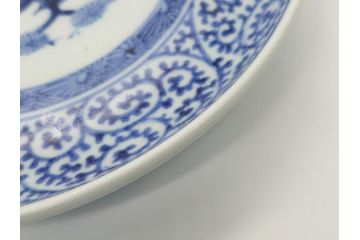  	江戸期　古伊万里　染付　蛸唐草　見込み松竹梅文　富貴長春　6.7寸　約20cm　中皿2枚セット(六寸七分、和皿、和食器)(R-063075)