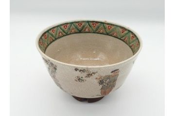 野々村仁清作　京焼　色絵　金彩　松竹梅文　人物　3.6寸　約11cm　抹茶茶碗(共箱付き、三寸六分、作家物、和食器)(R-063076)