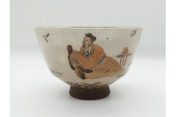 野々村仁清作　京焼　色絵　金彩　松竹梅文　人物　3.6寸　約11cm　抹茶茶碗(共箱付き、三寸六分、作家物、和食器)(R-063076)