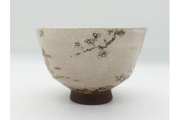 野々村仁清作　京焼　色絵　金彩　松竹梅文　人物　3.6寸　約11cm　抹茶茶碗(共箱付き、三寸六分、作家物、和食器)(R-063076)