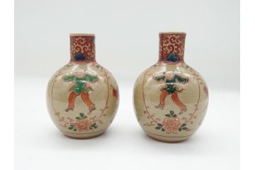大正〜昭和初期　古代寫九谷焼　納賀花山　色絵　金彩　唐子図　花瓶2点セット(共箱付き、花山造、花山堂、花器、花入、和食器)(R-063078)