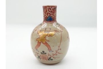 大正〜昭和初期　古代寫九谷焼　納賀花山　色絵　金彩　唐子図　花瓶2点セット(共箱付き、花山造、花山堂、花器、花入、和食器)(R-063078)
