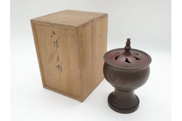 金工　村田聴泉作　紫斑銅　六陵之香炉(共箱付き、布袋付き、斑紫銅)(R-063079)