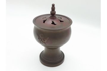 金工　村田聴泉作　紫斑銅　六陵之香炉(共箱付き、布袋付き、斑紫銅)(R-063079)