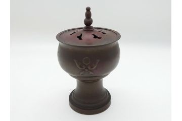 金工　村田聴泉作　紫斑銅　六陵之香炉(共箱付き、布袋付き、斑紫銅)(R-063079)