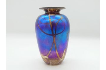 イギリス　ガラス職人　Norman Stuart Clarke(ノーマン・スチュアート・クラーク)　花器2点セット(花瓶、香水瓶(栓なし)?、アートガラス)(R-063092)