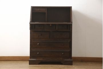 中古　松本民芸家具　収納力たっぷり!シックな佇まいのライティングビューロー(簿記机、在宅ワーク、在宅用ワークデスク、チェスト)(R-063115)