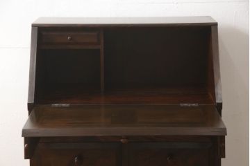 中古　松本民芸家具　収納力たっぷり!シックな佇まいのライティングビューロー(簿記机、在宅ワーク、在宅用ワークデスク、チェスト)(R-063115)