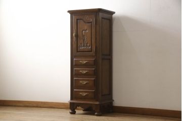 中古　美品　北海道旭川家具　山室家具製作所　工場長 高谷幸治 作　オーク材　OAKシリーズ　クラシカルなデザインが美しい縦型チェスト(キャビネット、サイドチェスト、引き出し、ジュエリーチェスト)(定価約34万円)(R-063116)