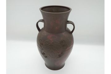 斑紫銅　葡萄文　独特な発色に魅せられる双耳花入(在銘、紫斑銅、花生、花瓶、花器)(R-063125)
