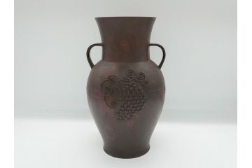斑紫銅　葡萄文　独特な発色に魅せられる双耳花入(在銘、紫斑銅、花生、花瓶、花器)(R-063125)