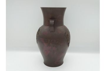 斑紫銅　葡萄文　独特な発色に魅せられる双耳花入(在銘、紫斑銅、花生、花瓶、花器)(R-063125)