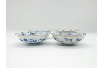 江戸期　上手物　古伊万里　染付　松竹梅文　角福　3.6寸　約11cm 稜花型　小皿4枚セット(三寸六分、馬、人物、窓絵、小鉢、深皿、和皿、和食器)(R-063126)