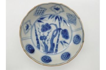 江戸期　上手物　古伊万里　染付　松竹梅文　角福　3.6寸　約11cm 稜花型　小皿4枚セット(三寸六分、馬、人物、窓絵、小鉢、深皿、和皿、和食器)(R-063126)