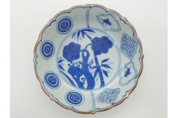 江戸期　上手物　古伊万里　染付　松竹梅文　角福　3.6寸　約11cm 稜花型　小皿4枚セット(三寸六分、馬、人物、窓絵、小鉢、深皿、和皿、和食器)(R-063126)
