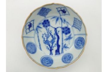江戸期　上手物　古伊万里　染付　松竹梅文　角福　3.6寸　約11cm 稜花型　小皿4枚セット(三寸六分、馬、人物、窓絵、小鉢、深皿、和皿、和食器)(R-063126)