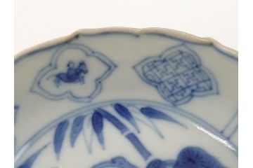 江戸期　上手物　古伊万里　染付　松竹梅文　角福　3.6寸　約11cm 稜花型　小皿4枚セット(三寸六分、馬、人物、窓絵、小鉢、深皿、和皿、和食器)(R-063126)