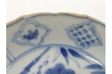 江戸期　上手物　古伊万里　染付　松竹梅文　角福　3.6寸　約11cm 稜花型　小皿4枚セット(三寸六分、馬、人物、窓絵、小鉢、深皿、和皿、和食器)(R-063126)