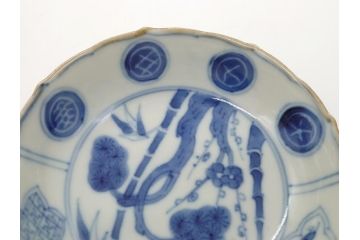 江戸期　上手物　古伊万里　染付　松竹梅文　角福　3.6寸　約11cm 稜花型　小皿4枚セット(三寸六分、馬、人物、窓絵、小鉢、深皿、和皿、和食器)(R-063126)