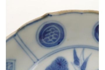 江戸期　上手物　古伊万里　染付　松竹梅文　角福　3.6寸　約11cm 稜花型　小皿4枚セット(三寸六分、馬、人物、窓絵、小鉢、深皿、和皿、和食器)(R-063126)