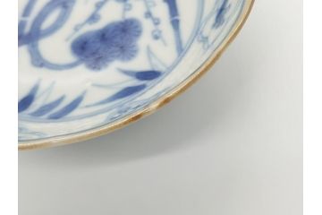 江戸期　上手物　古伊万里　染付　松竹梅文　角福　3.6寸　約11cm 稜花型　小皿4枚セット(三寸六分、馬、人物、窓絵、小鉢、深皿、和皿、和食器)(R-063126)