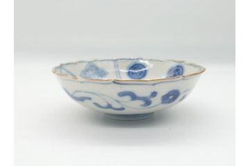 江戸期　上手物　古伊万里　染付　松竹梅文　角福　3.6寸　約11cm 稜花型　小皿4枚セット(三寸六分、馬、人物、窓絵、小鉢、深皿、和皿、和食器)(R-063126)