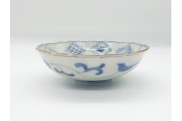 江戸期　上手物　古伊万里　染付　松竹梅文　角福　3.6寸　約11cm 稜花型　小皿4枚セット(三寸六分、馬、人物、窓絵、小鉢、深皿、和皿、和食器)(R-063126)