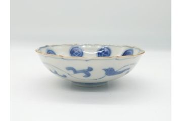 江戸期　上手物　古伊万里　染付　松竹梅文　角福　3.6寸　約11cm 稜花型　小皿4枚セット(三寸六分、馬、人物、窓絵、小鉢、深皿、和皿、和食器)(R-063126)